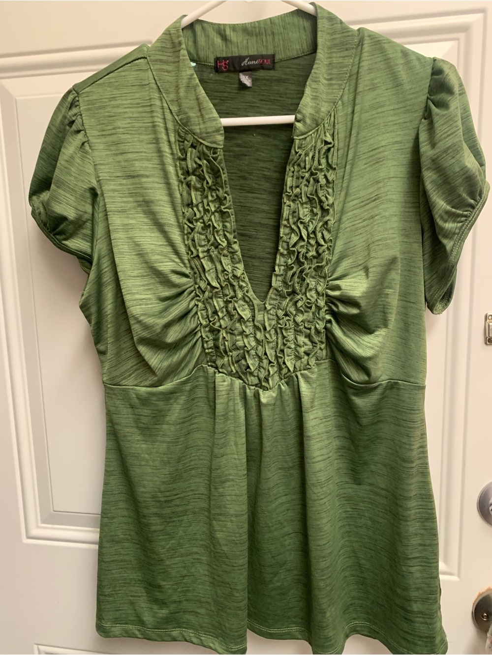 HeartSoul Olive Green Ruffle V-Neck Knit Blouse